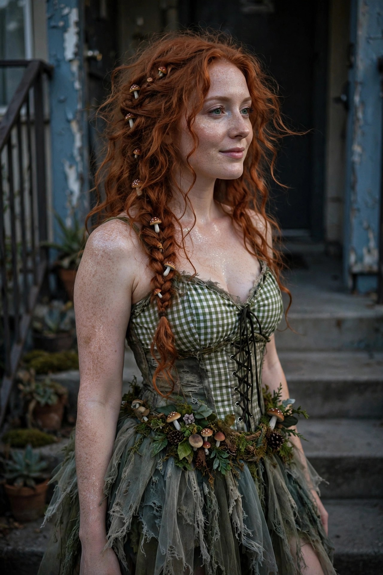 Woman wearing a green gingham corset with black lacing and a tattered green tulle skirt decorated with mushrooms, moss, leaves, and pinecones, paired with a long red braid adorned with small mushrooms.