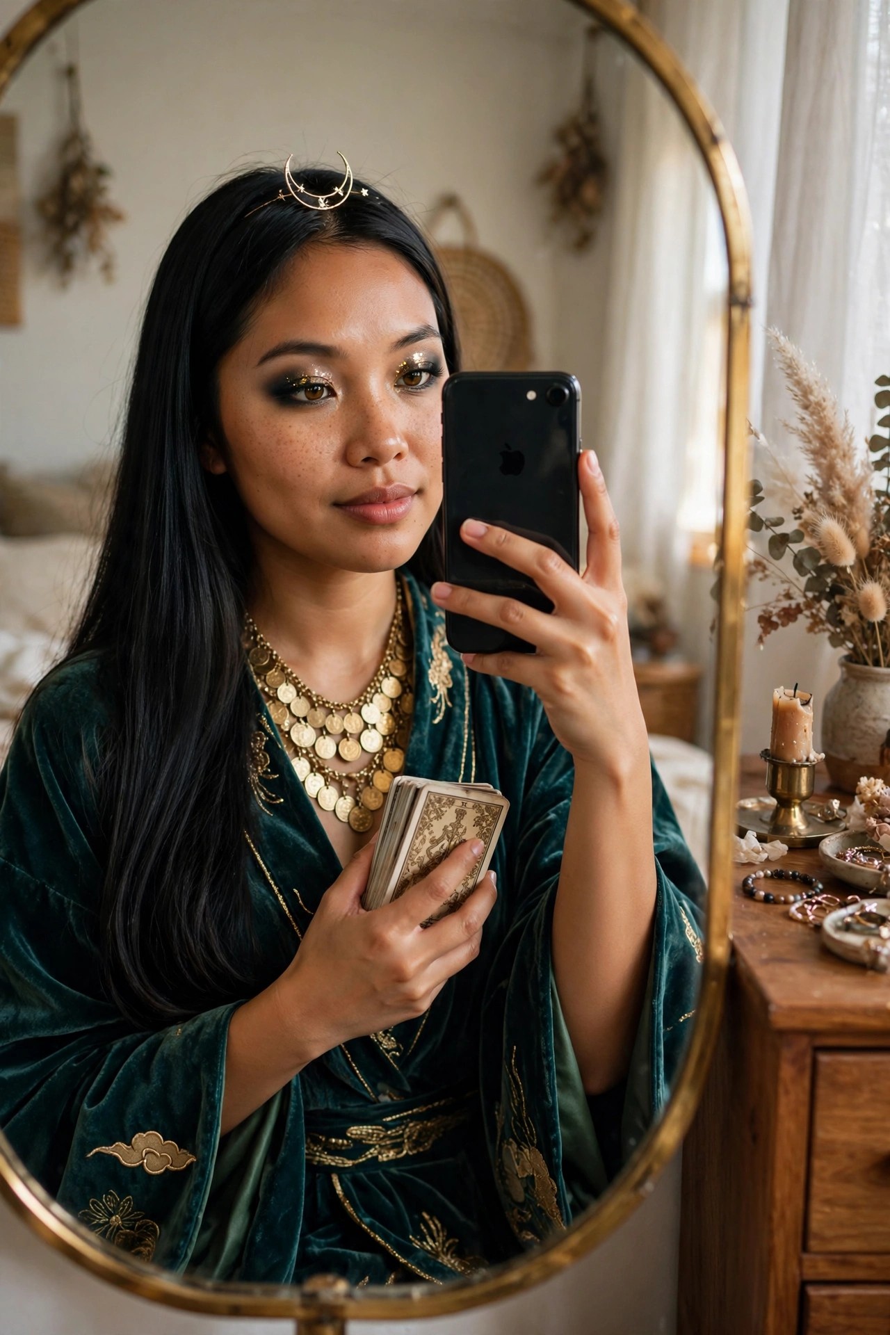 Woman wearing a dark green velvet robe with gold embroidery and multiple gold coin necklaces, holding a deck of tarot cards and a phone, wearing a gold crescent moon headpiece with dark eye makeup and gold glitter accents.