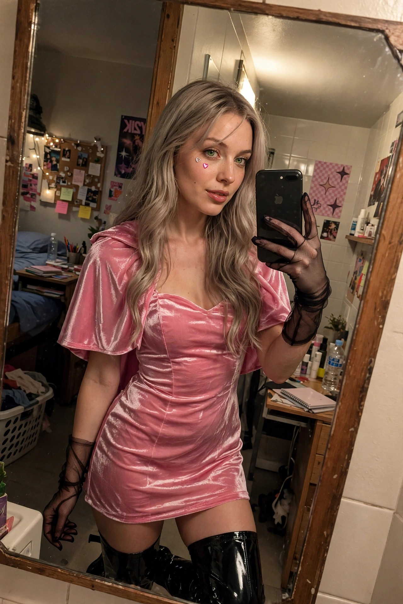 Woman wearing a short pink velvet dress with capelet sleeves, black sheer gloves, and black patent boots, holding a phone in a mirror selfie with long silver hair and heart face stickers.