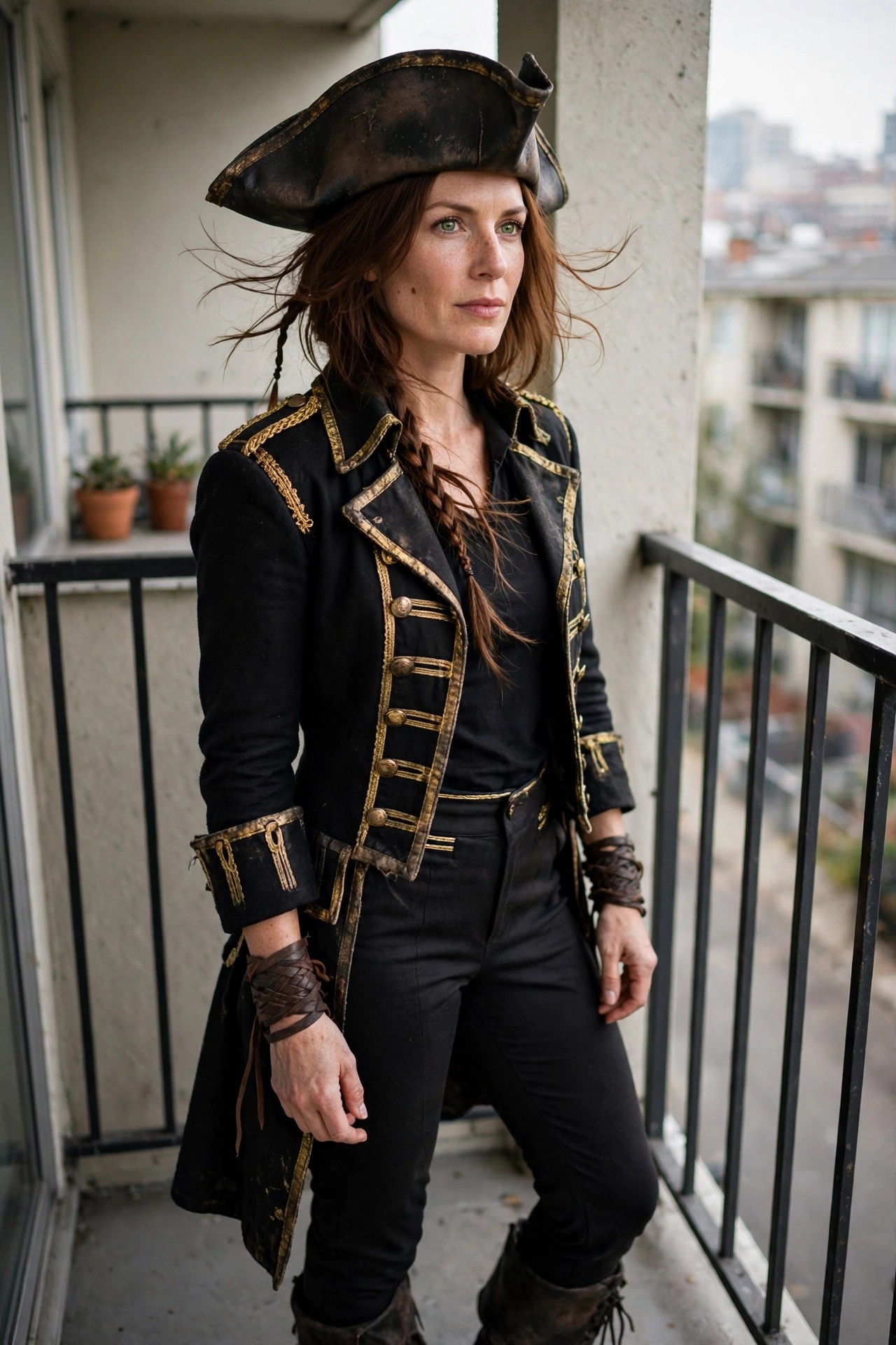Woman wearing a black pirate coat with gold trim, matching tricorn hat, black pants, and boots in a full body pose on a balcony.