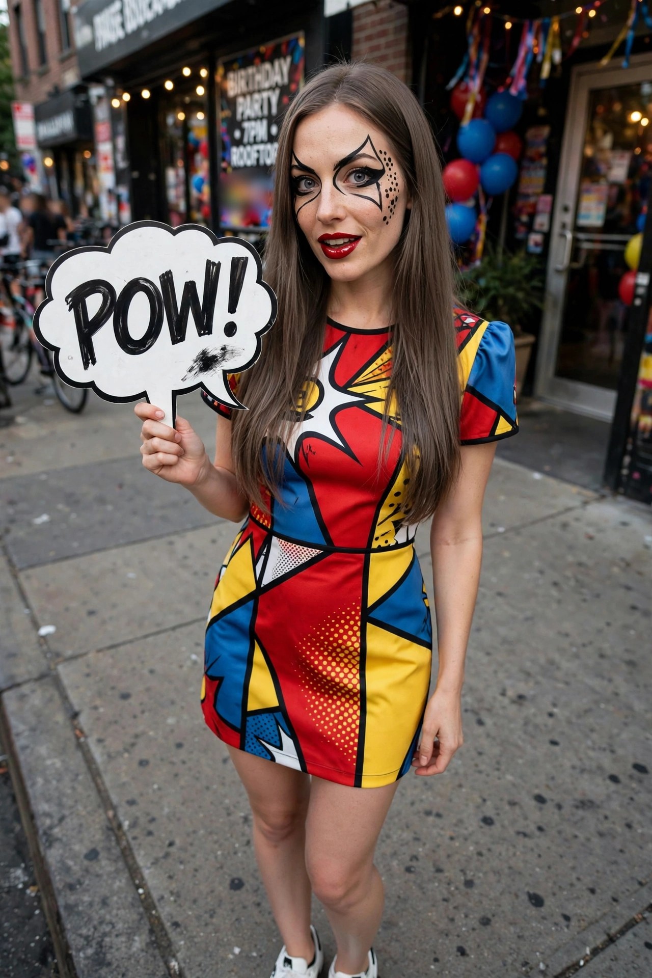 Woman wearing a short fitted dress covered in bold red, yellow, and blue comic book graphics while holding a white POW speech bubble sign and showing matching black face paint around one eye.