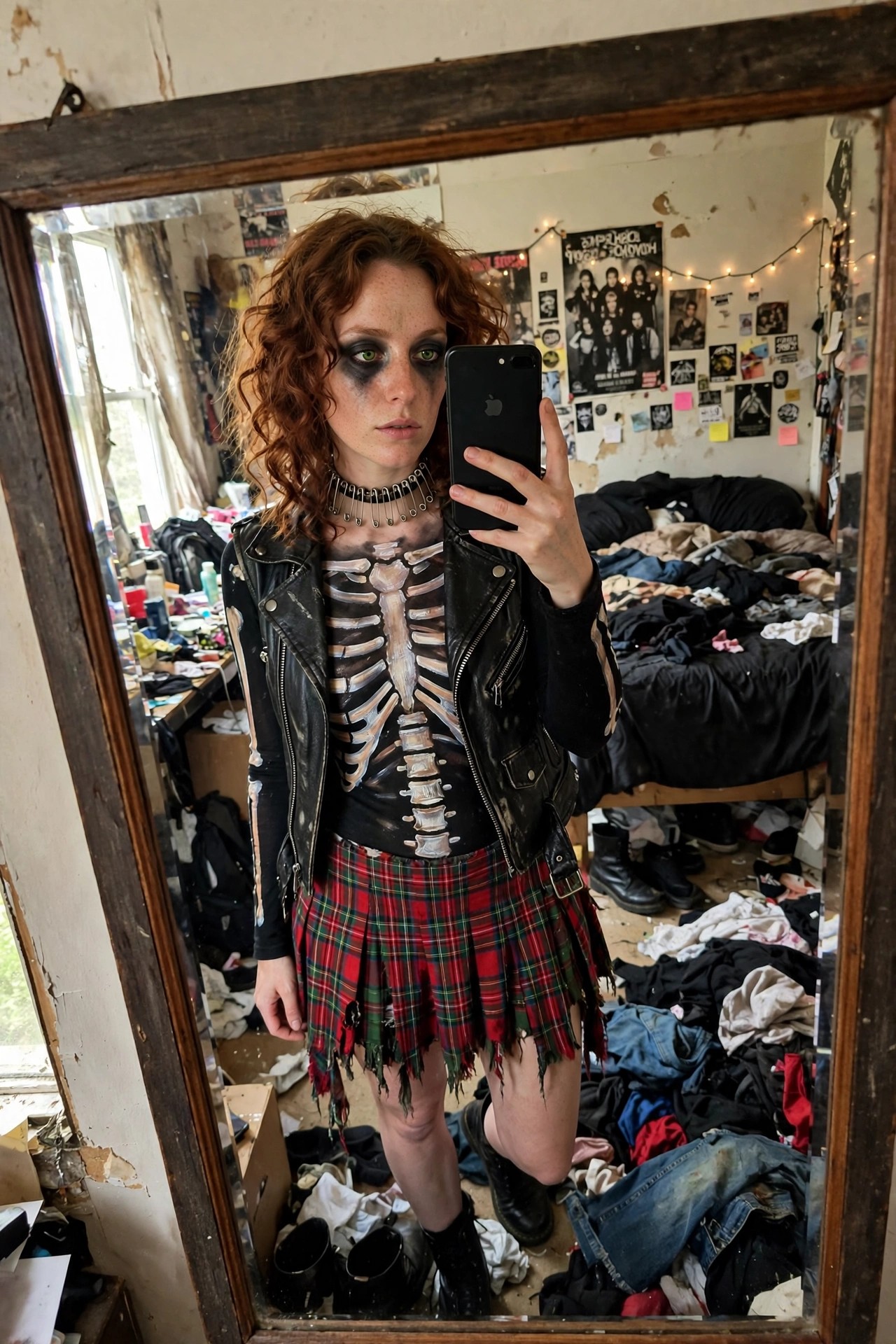 Woman wearing a skeleton rib cage top, black leather jacket with skeleton sleeve details, red plaid mini skirt, spiked choker, and skeleton face paint while taking a mirror selfie.