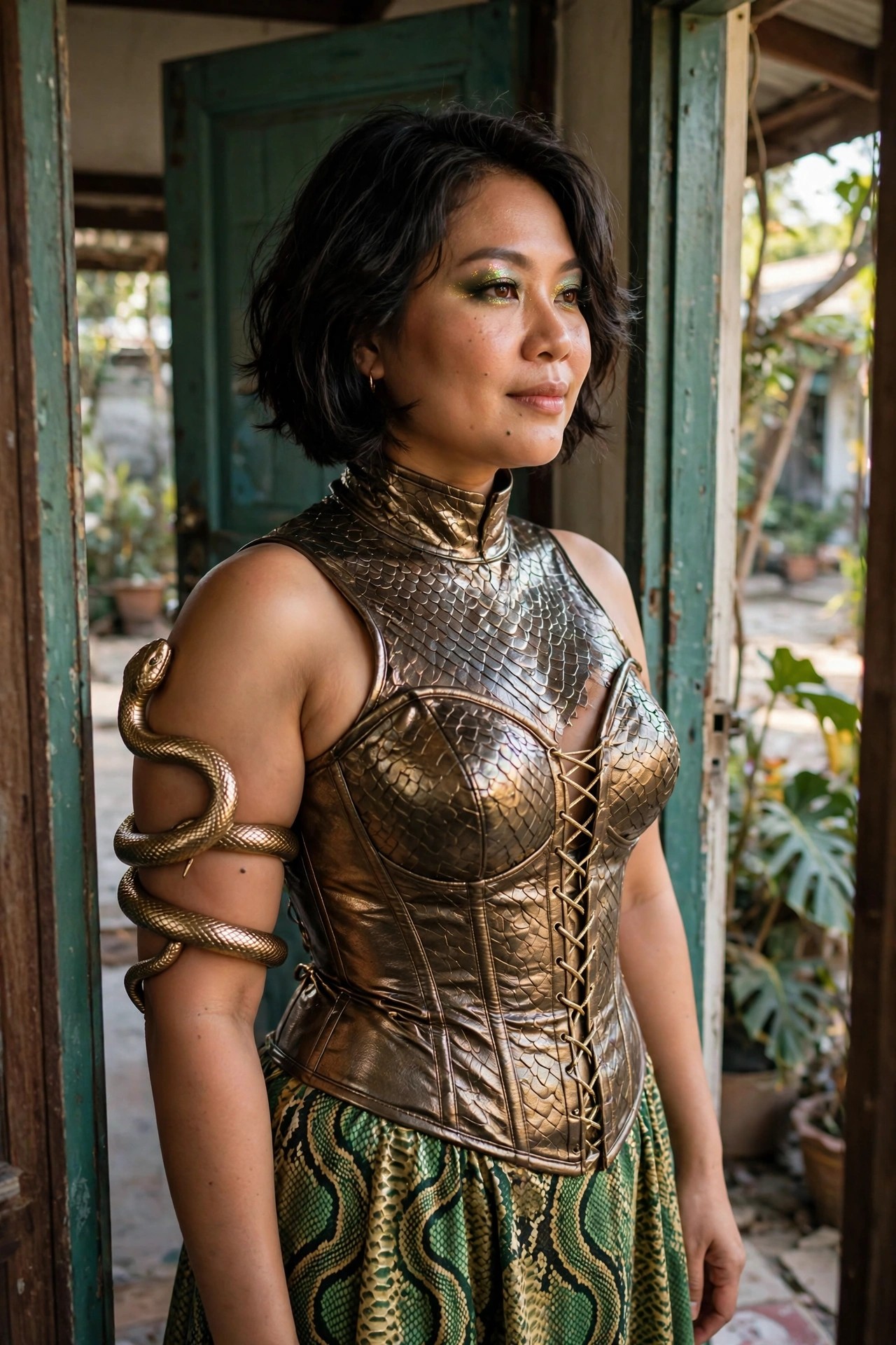 Woman wearing a bronze scaled corset with front lacing and a green snake print skirt, with a golden snake wrapped around her upper arm.