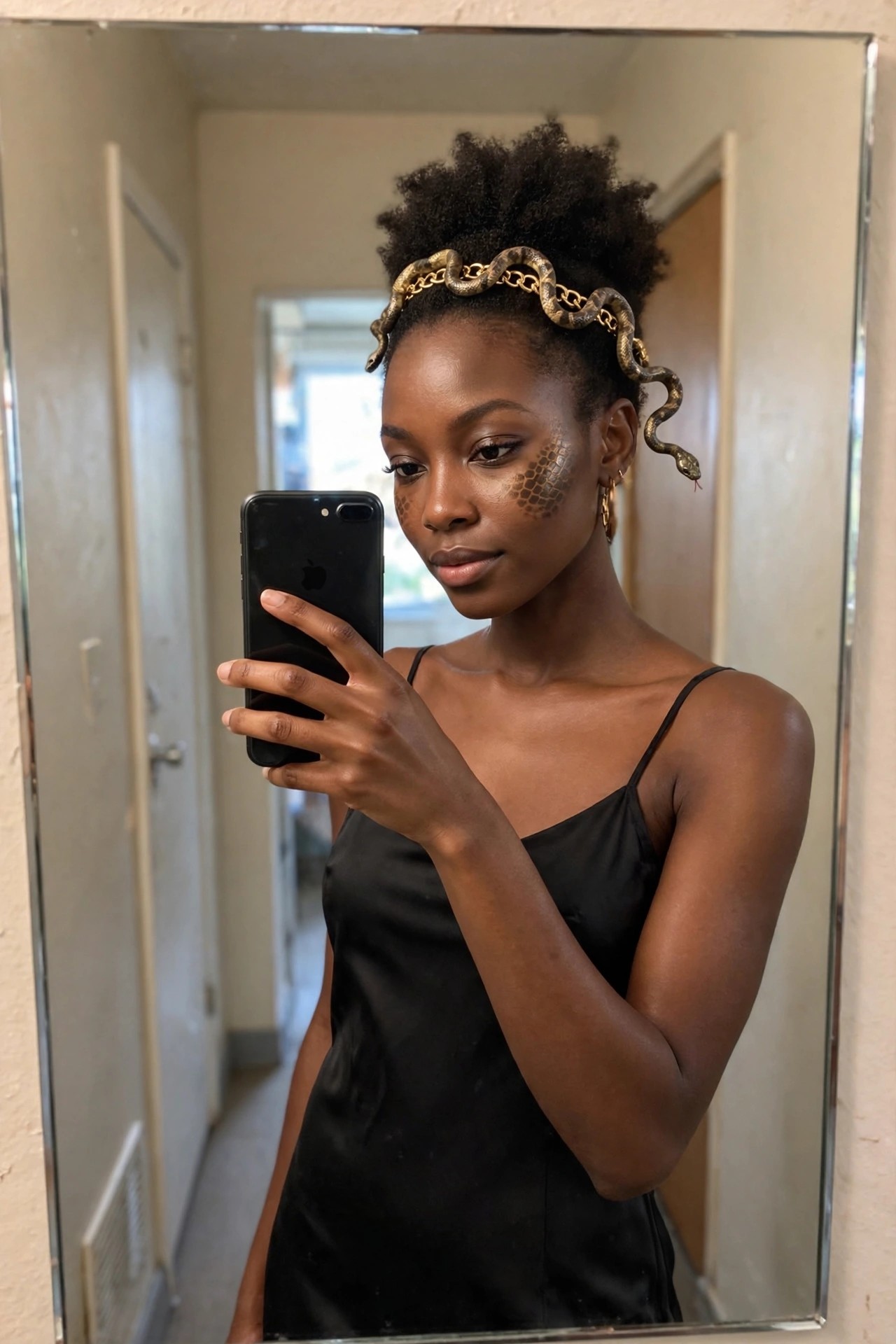 Woman wearing a black slip dress with a gold chain snake headpiece and scale makeup on her cheek.