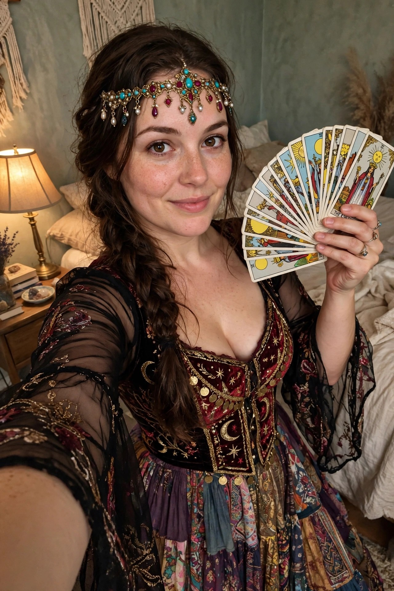 Woman wearing a red velvet fortune teller costume with moon and star embroidery, sheer embroidered sleeves, jeweled headpiece, and holding a fan of tarot cards.