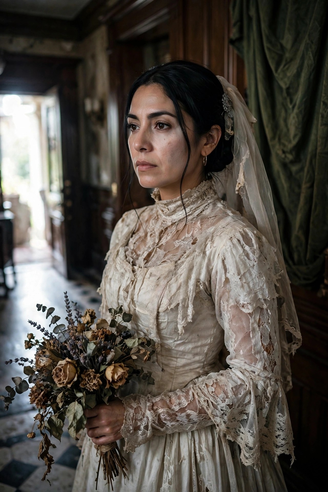 Woman wearing a tattered ivory Victorian-style wedding dress with lace sleeves and high neck, holding a dried flower bouquet and wearing a veil.