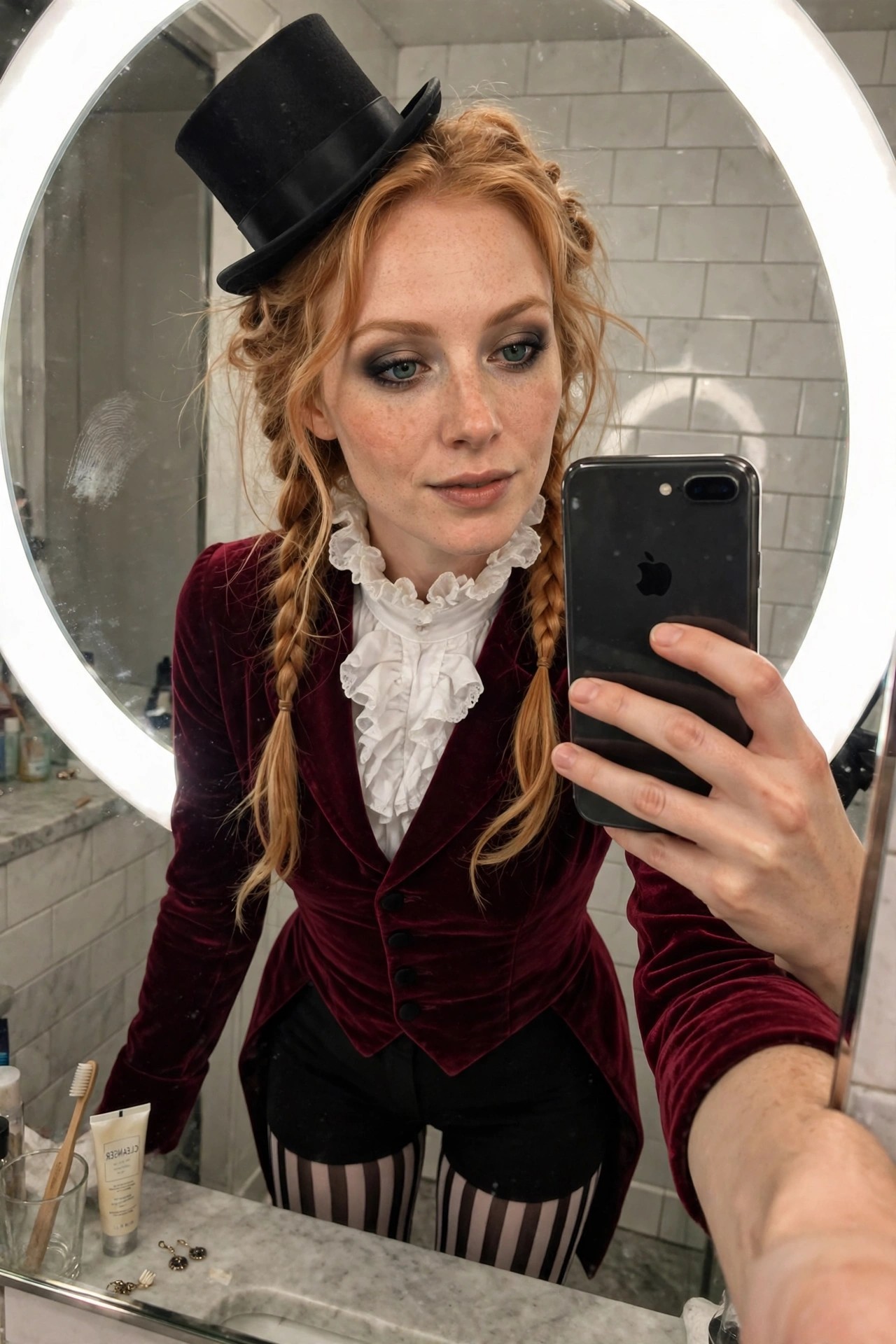 Woman wearing a red velvet tailcoat with black buttons over a white ruffled blouse, black shorts, black and white striped tights, and a black top hat, with two long braids.