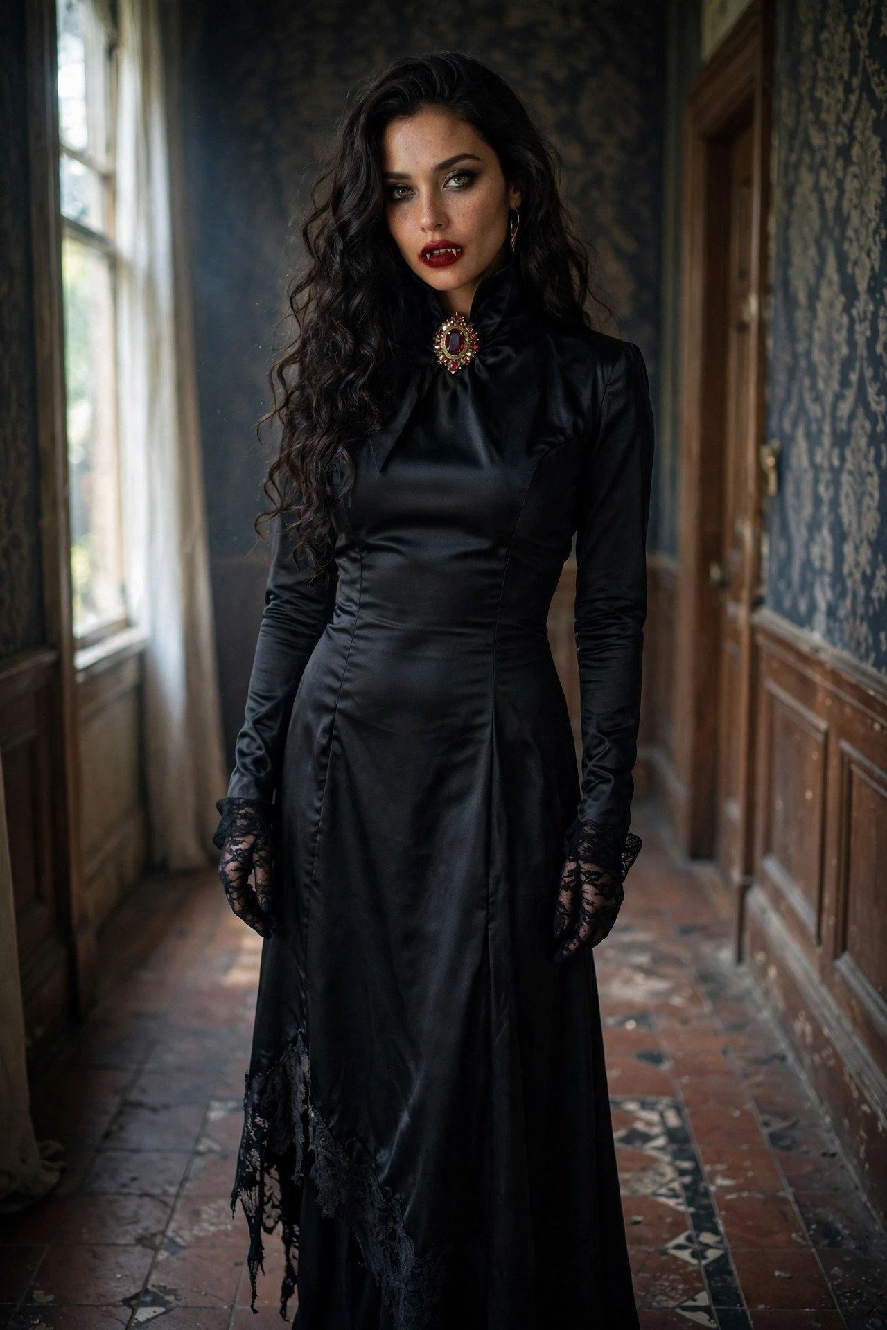 Woman wearing a long black satin Victorian style dress with high collar, red gem brooch, lace gloves, and visible vampire fangs.
