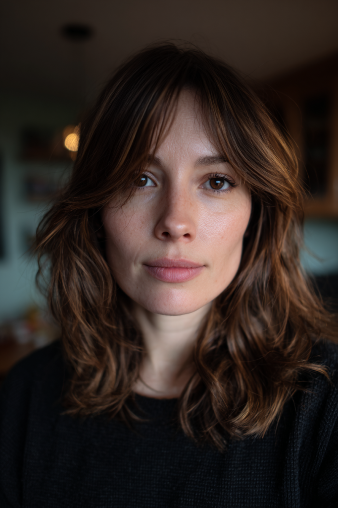 A woman with a shoulder-length curly shag haircut in chestnut brown with caramel highlights and curtain fringe.