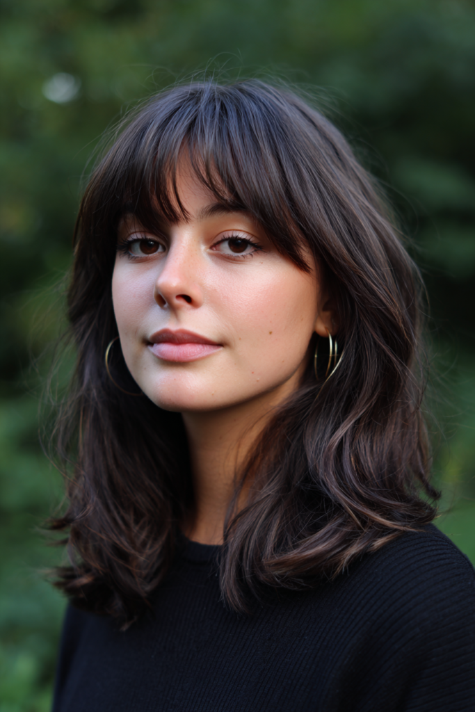 A woman with shoulder-length dark brown hair featuring a full fringe and soft wavy layers.
