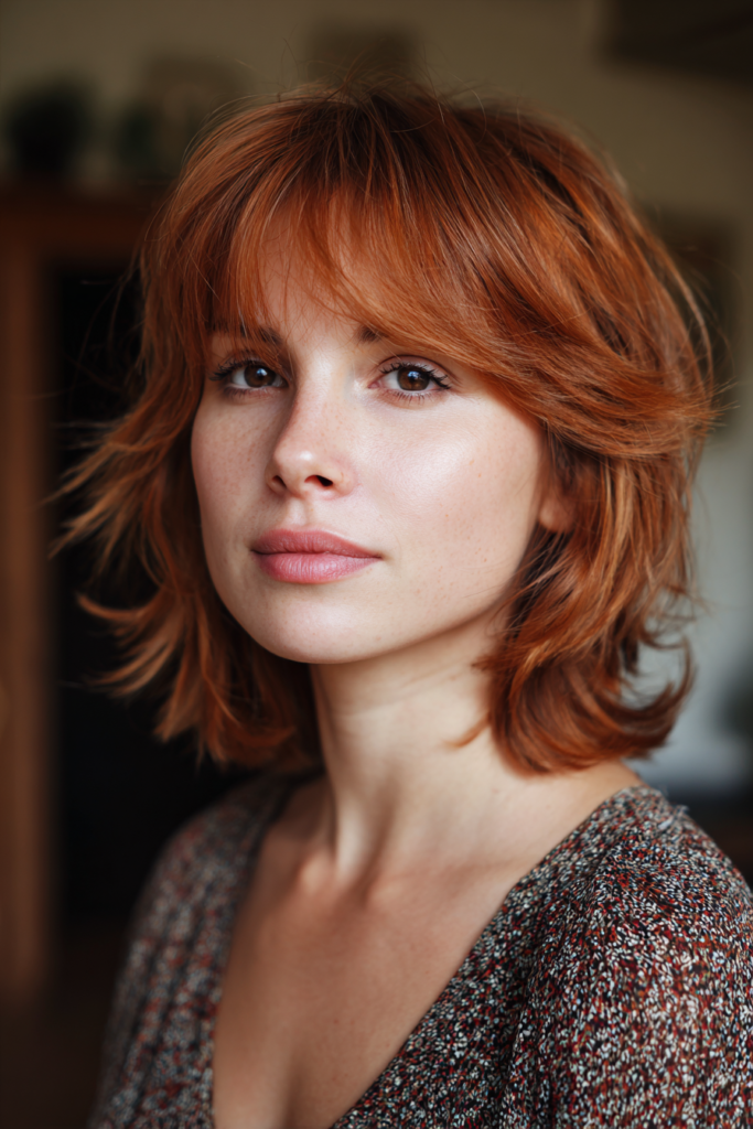 A woman with a shoulder-length copper red shag haircut featuring feathered layers and a full fringe.