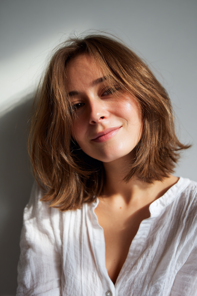 A woman with shoulder-length golden brown wavy hair with a relaxed, tousled texture.
