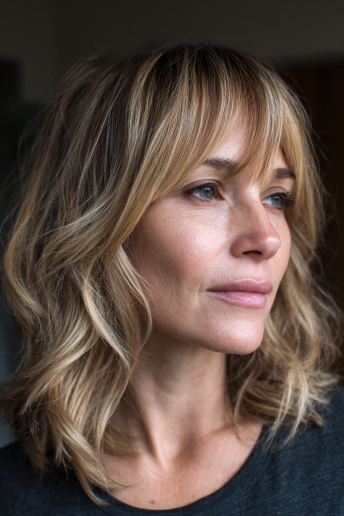 A woman with shoulder-length honey blonde wavy hair and soft playful bangs.