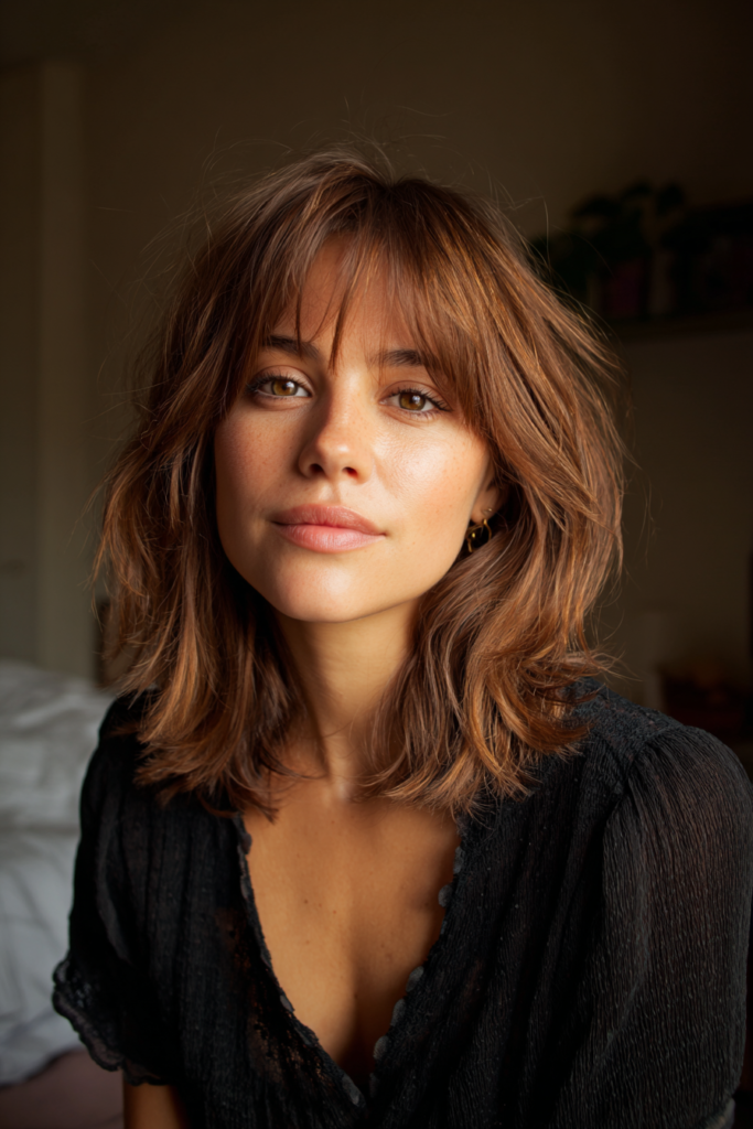 A woman with shoulder-length warm auburn hair featuring wispy fringe and soft tousled layers.