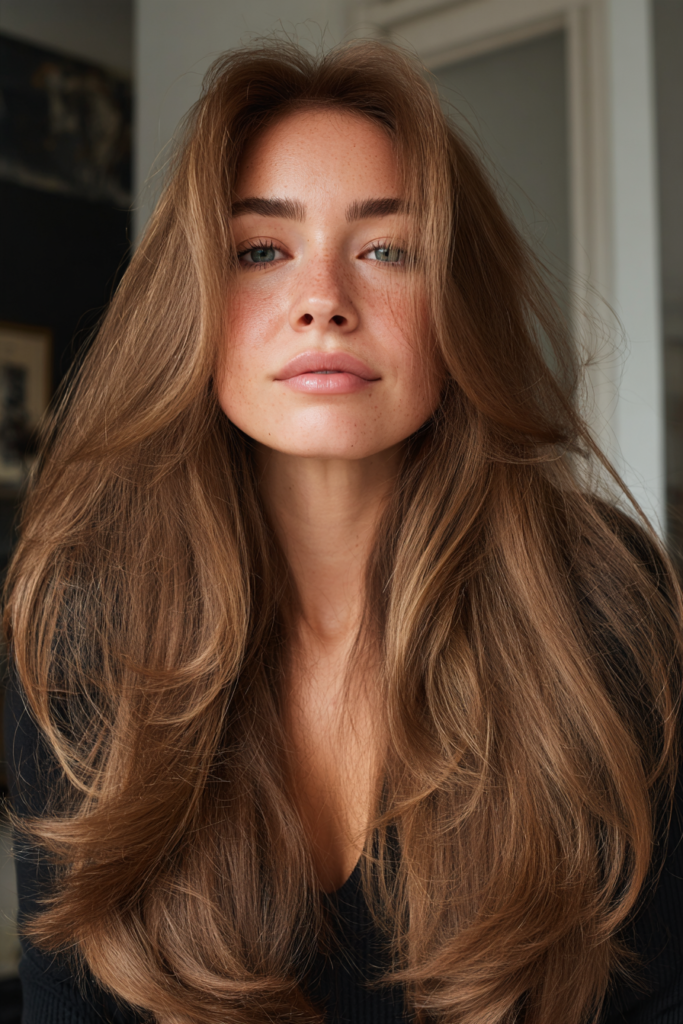 A woman with long, tousled golden brown hair featuring a center part and airy, voluminous layers.