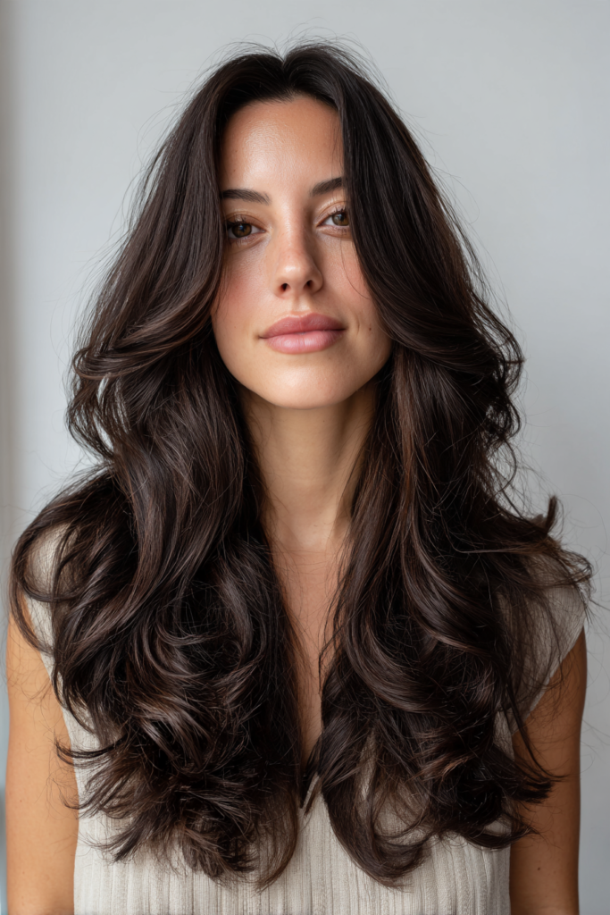A woman with long, wavy dark espresso brown hair featuring full, voluminous layers throughout.