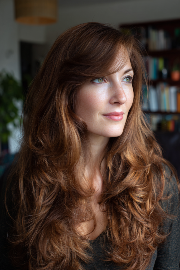 A woman with long, wavy auburn hair featuring a soft side swept fringe and warm copper tones.