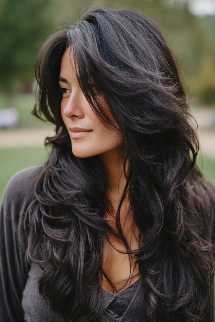  A woman with long, black layered hair featuring dramatic root lift and windswept, textured layers.
