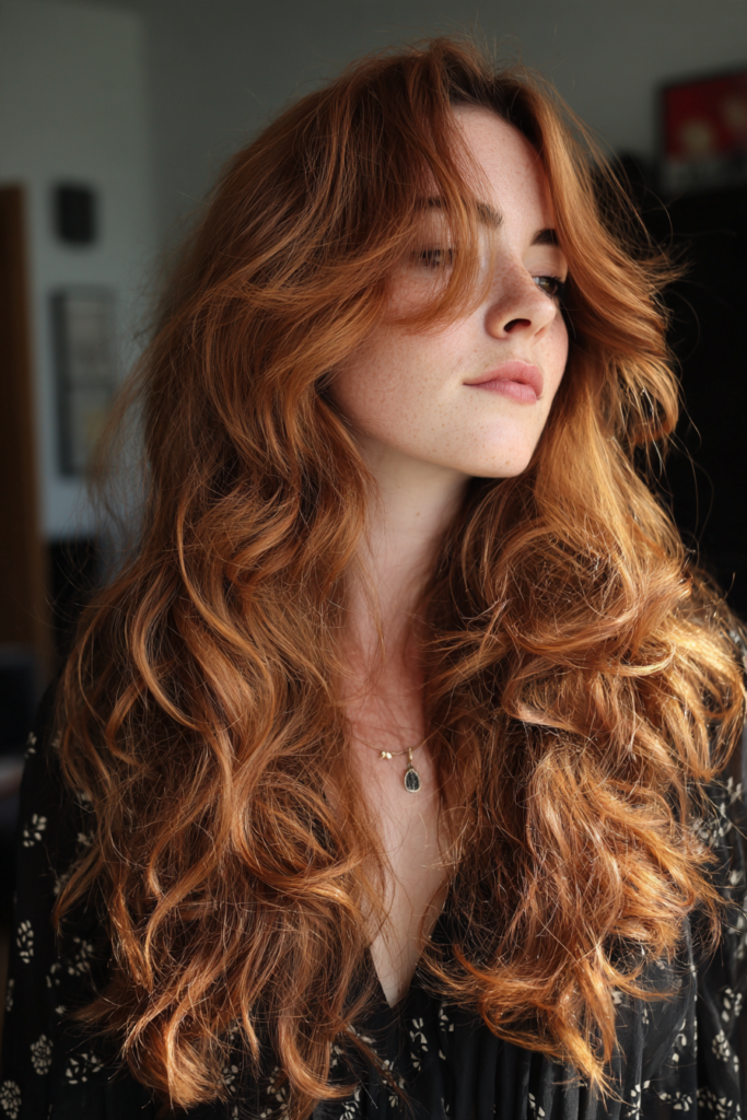 A woman with long, curly ginger red hair featuring tight ringlets and soft face-framing pieces.