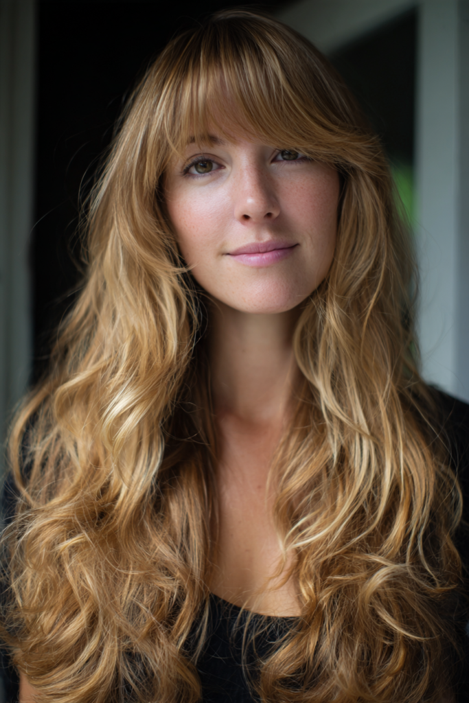 A woman with long, wavy golden blonde hair featuring a full fringe and sun-kissed highlights throughout.