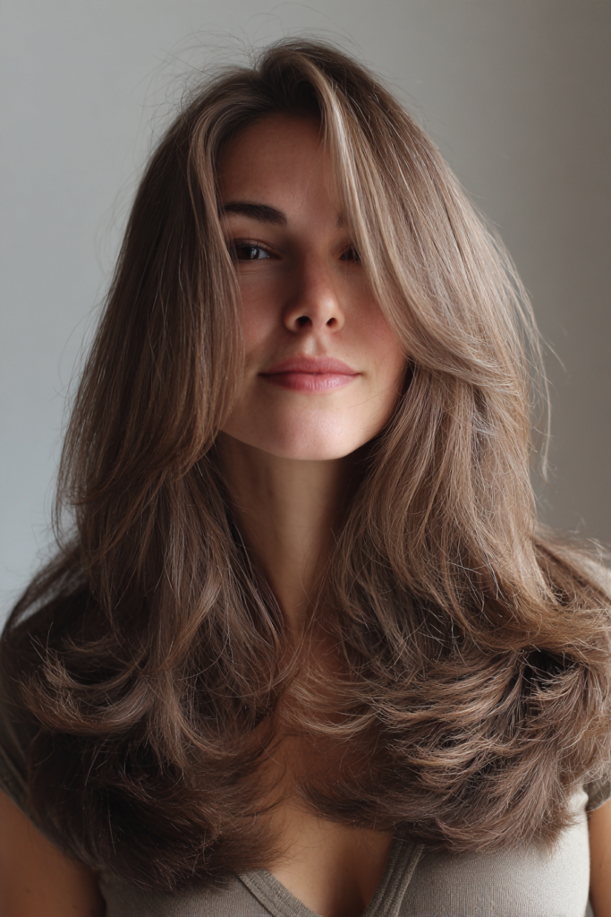 A woman with long, layered ash brown hair featuring soft feathered ends and subtle flipped movement.