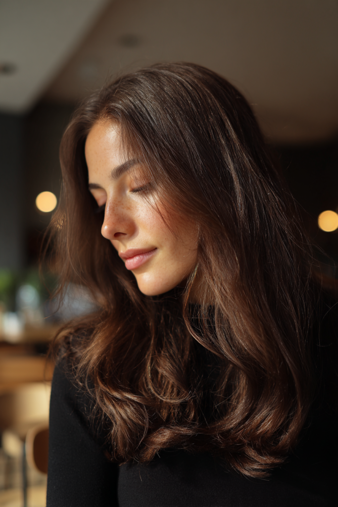 A woman with long, wavy chocolate brown hair featuring a glossy shine and soft, rounded layers.