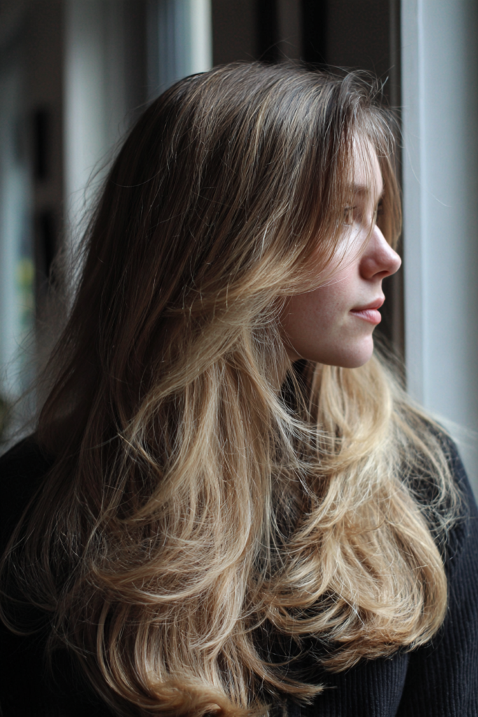A woman with long, layered rooted blonde hair featuring soft face-framing pieces and natural dimension.