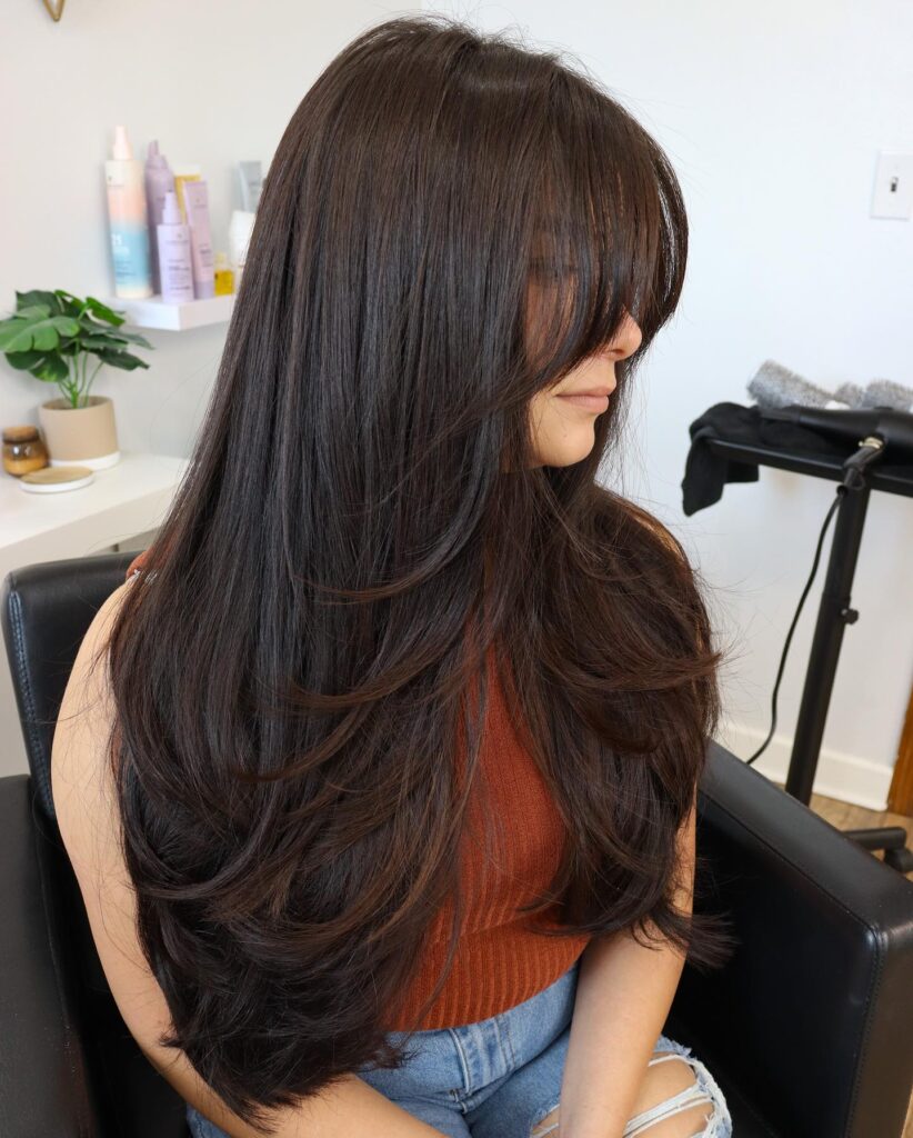 A woman with long, layered dark brown hair featuring a wispy fringe and feathered cascading layers down the back.