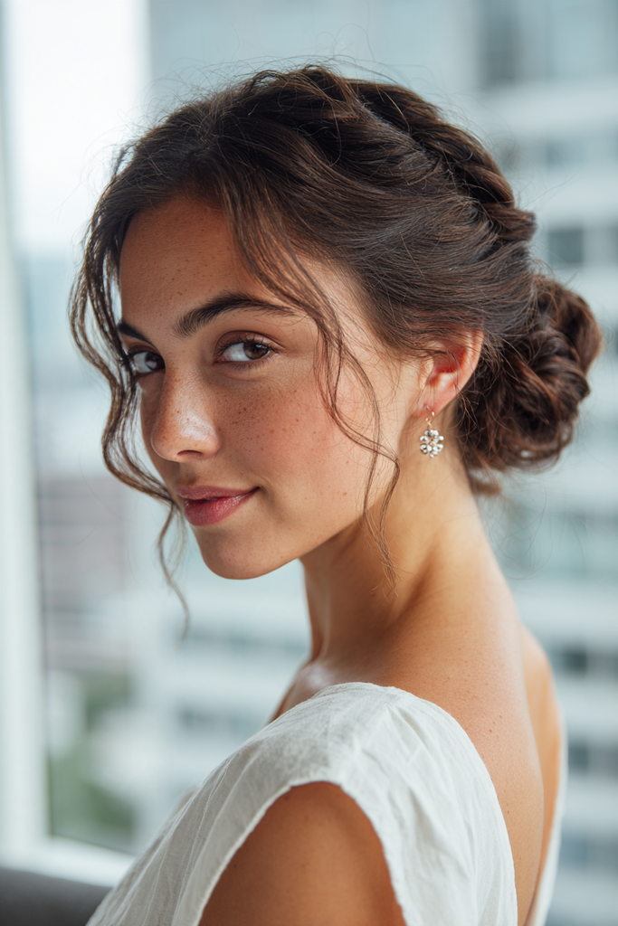 Woman with dark brunette hair styled in a braided crown that leads into a messy low bun with soft curly wisps framing her face.