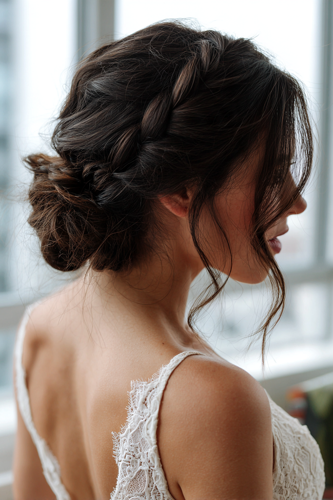 Side view of a woman with dark brunette hair styled in a smooth braided crown that leads into a textured low bun with wispy side swept bangs and loose curly strands.