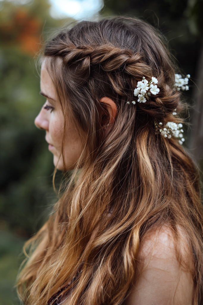 Side view of a woman with long chestnut brown hair and golden caramel highlights styled in a twisted half up braid with small white baby's breath flowers and loose waves.