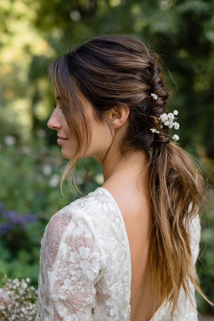 Side view of a smiling woman with brunette hair and caramel highlights styled in a twisted braid that leads into a loose low ponytail with curtain bangs and small white baby's breath flowers.