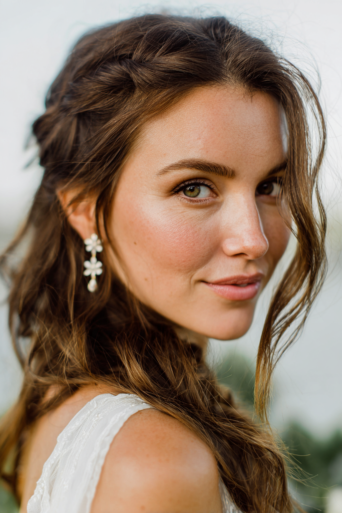 Woman with long chestnut brown hair and caramel highlights styled in a half up twisted crown with loose tousled waves and face-framing strands.