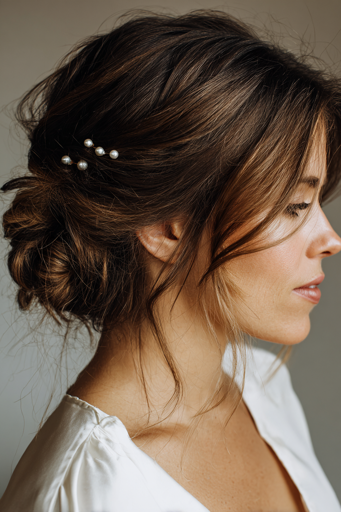 Side view of a woman with dark brunette hair and caramel highlights styled in a messy twisted low bun with small pearl hair pins and wispy face-framing bangs.