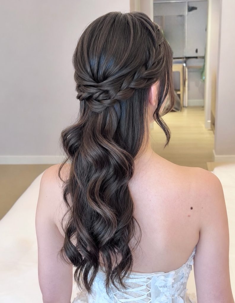 Back view of a woman with long dark brunette hair styled in a half up braided crown with a small twist and glossy loose waves.