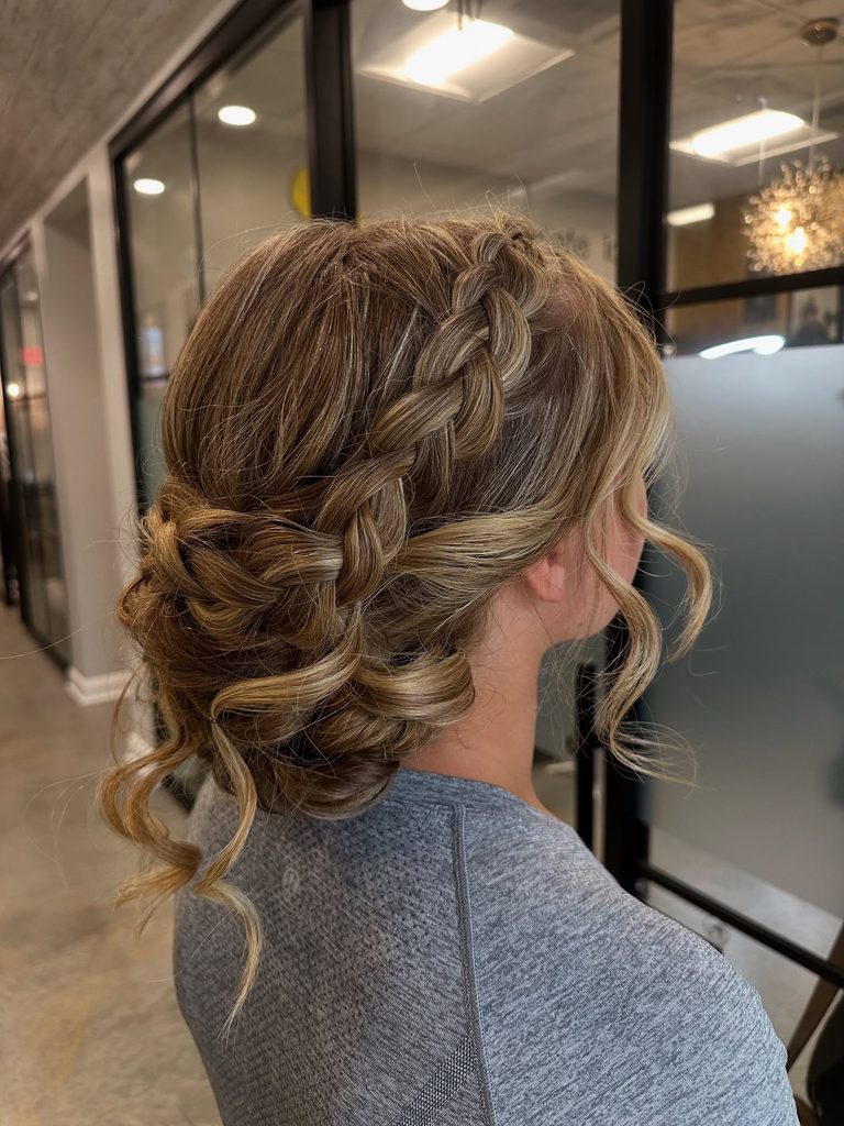 Side view of a woman with honey brown hair and golden highlights styled in a chunky Dutch braid that leads into a textured low updo with loose curls around her face and neck.
