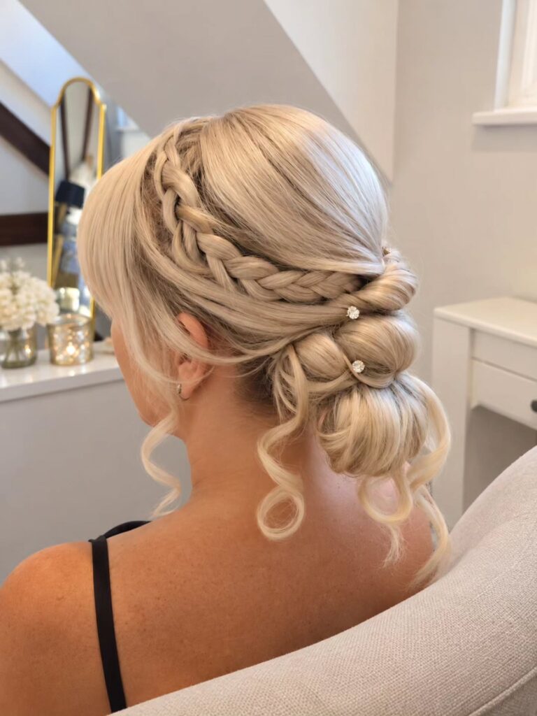 Side view of a woman with platinum blonde hair styled in a Dutch braid that leads into a layered low bun with crystal hair pins and long spiral curls.