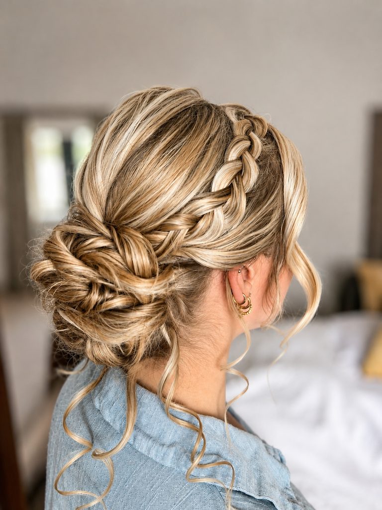 Side view of a woman with golden blonde highlighted hair styled in a Dutch braid leading into a textured low bun with loose curly strands framing her neck.