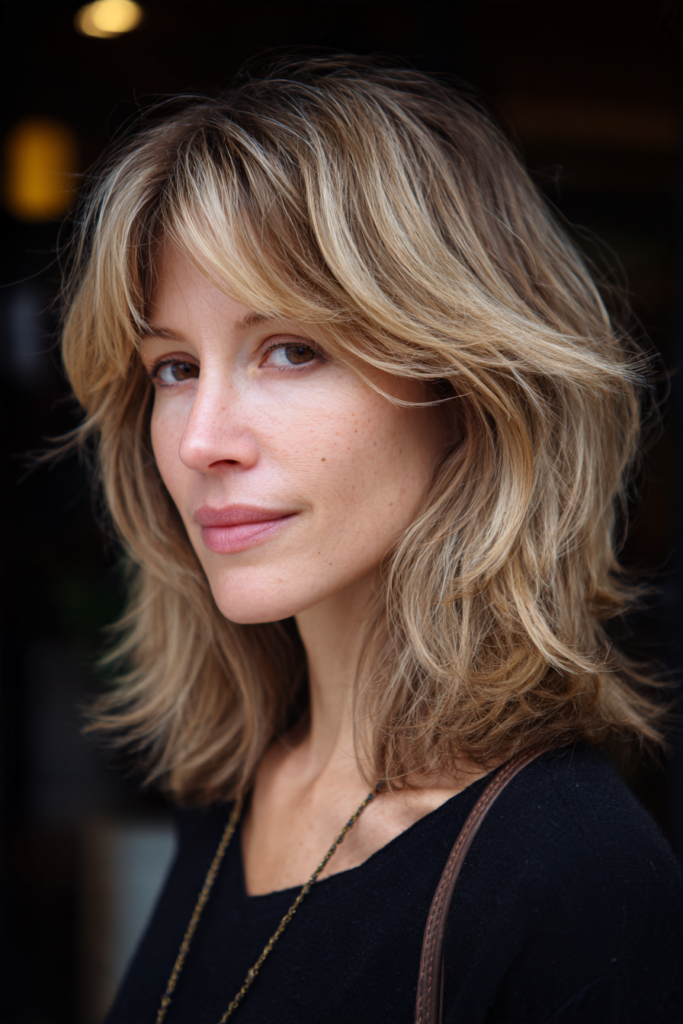 A woman with a shoulder length feathered shag featuring buttery blonde highlights.