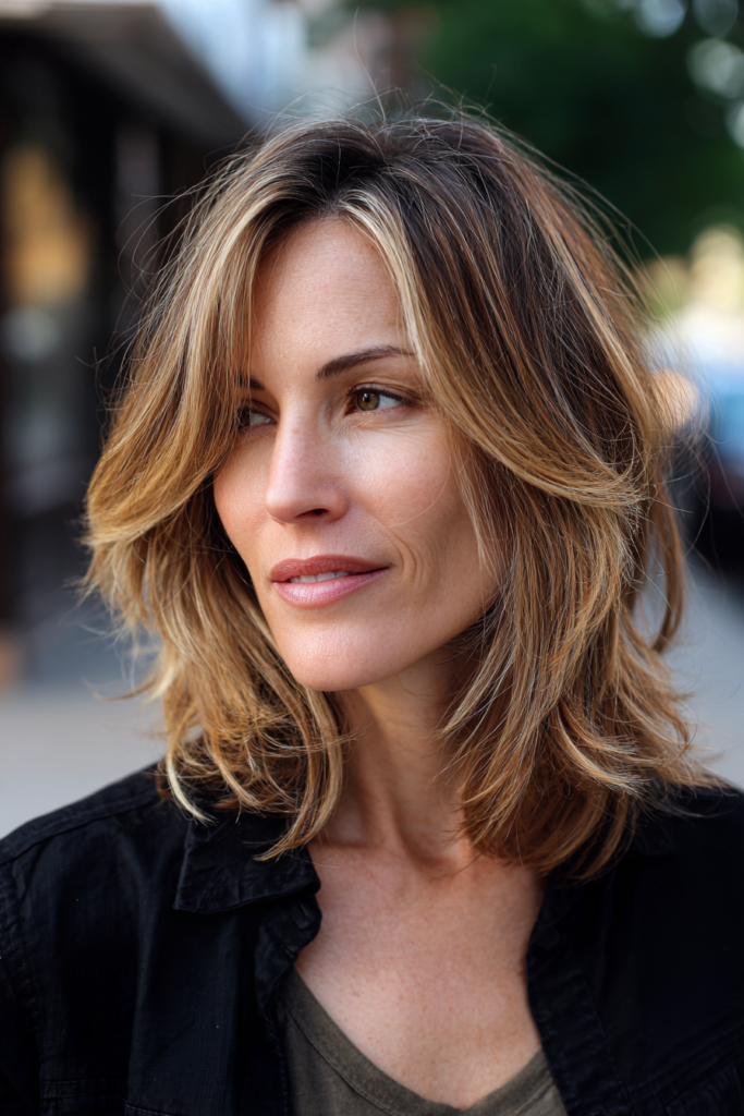  A woman with a shoulder length highlighted lob featuring golden face-framing layers.