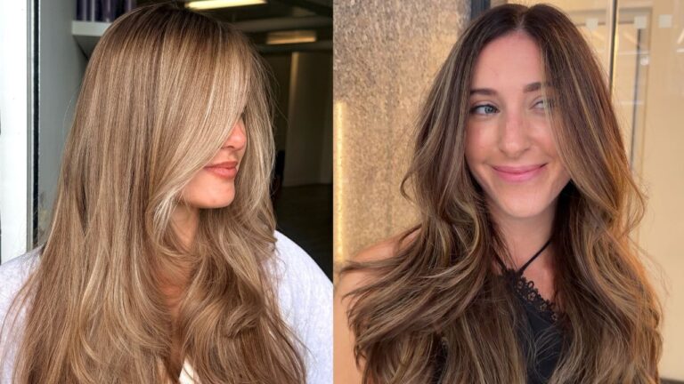 24 Effortless Layered Haircuts for Women Who Want Low-Maintenance Movement Side-by-side comparison showing a long warm blonde layered haircut with sweeping face-framing fringe on the left and a long brunette style with subtle blonde balayage and long curtain bangs on the right.
