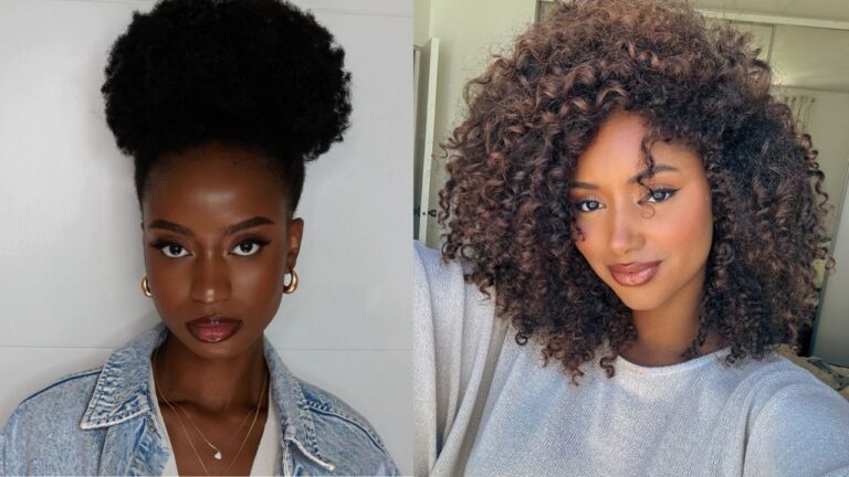 24 Stylish Everyday Hairstyles for Black Women With Natural Hair Side-by-side comparison showing a high afro puff on black coily hair on the left and full, voluminous curly hair with brown highlights on the right.