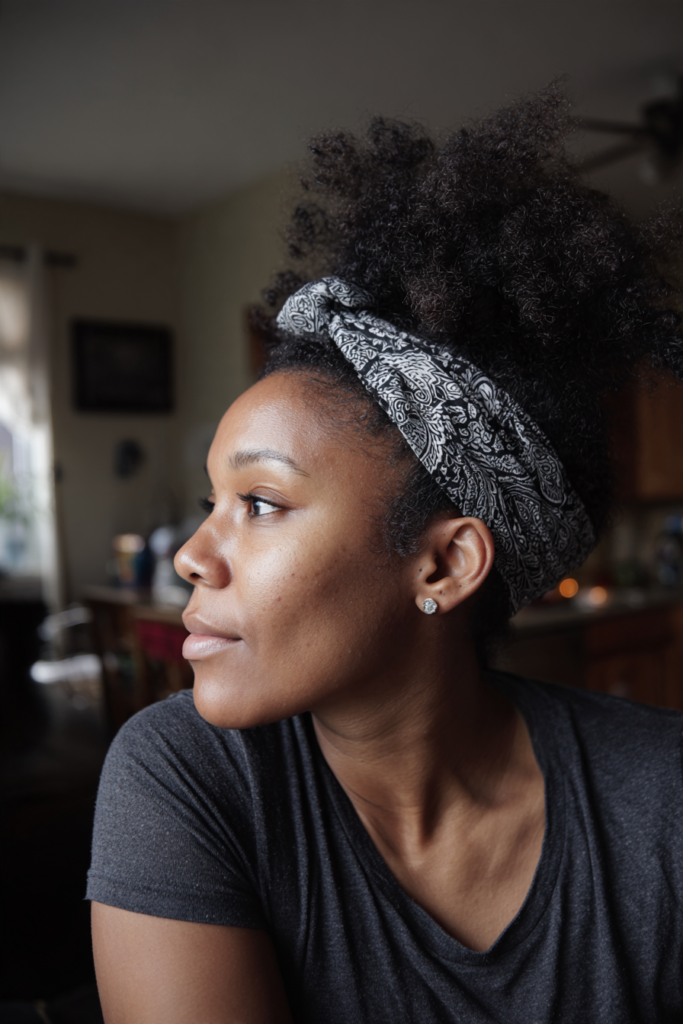 A woman with a natural hair puff and a printed headwrap looks off to the side while wearing a gray t-shirt.