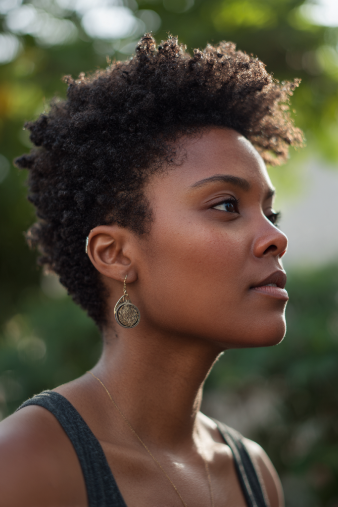 A woman with a short curly fade hairstyle and dangling earrings looks off to the side outdoors.