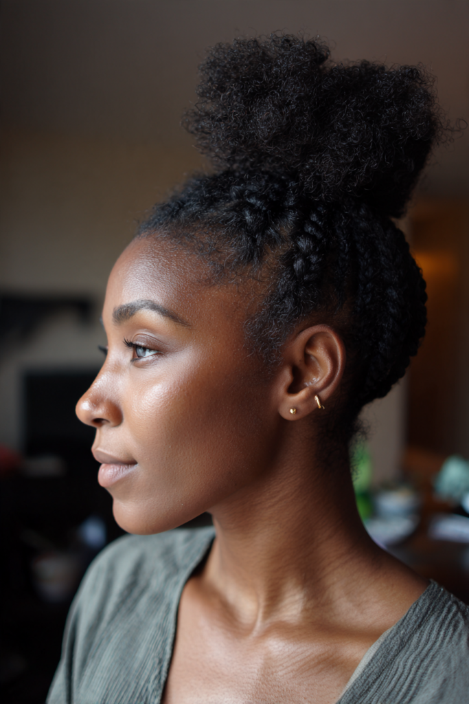 A woman with cornrows leading into a high puff bun looks off to the side while wearing a green top.