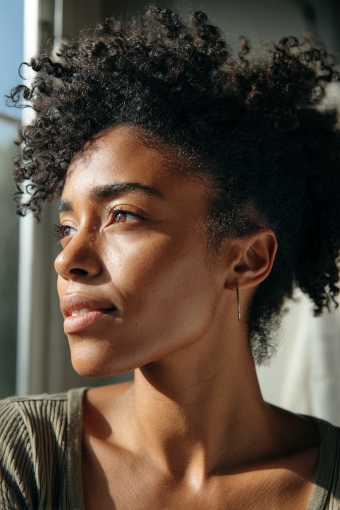 A woman with a short curly natural hairstyle looks off into the distance in bright sunlight.