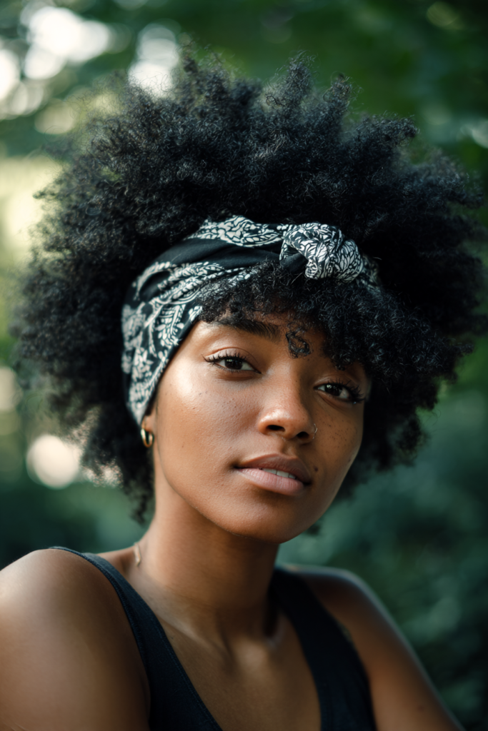 A woman with a full afro wrapped in a printed bandana looks at the camera outdoors.