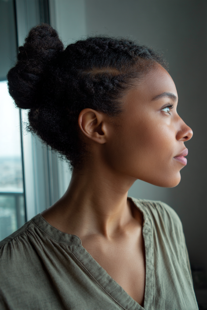 A woman with a finger coiled updo and a rounded bun looks out a window while wearing an olive top.