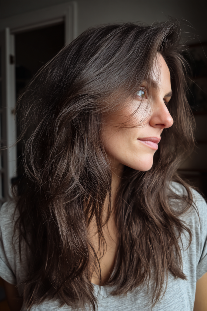 A woman with long dark brunette wavy layered hair with a loose, tousled texture.