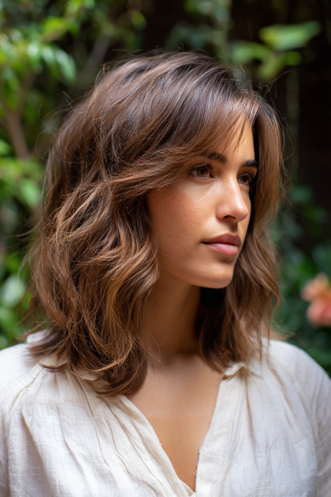 A woman with a shoulder-length wavy brunette lob featuring wispy fringe and caramel highlights.